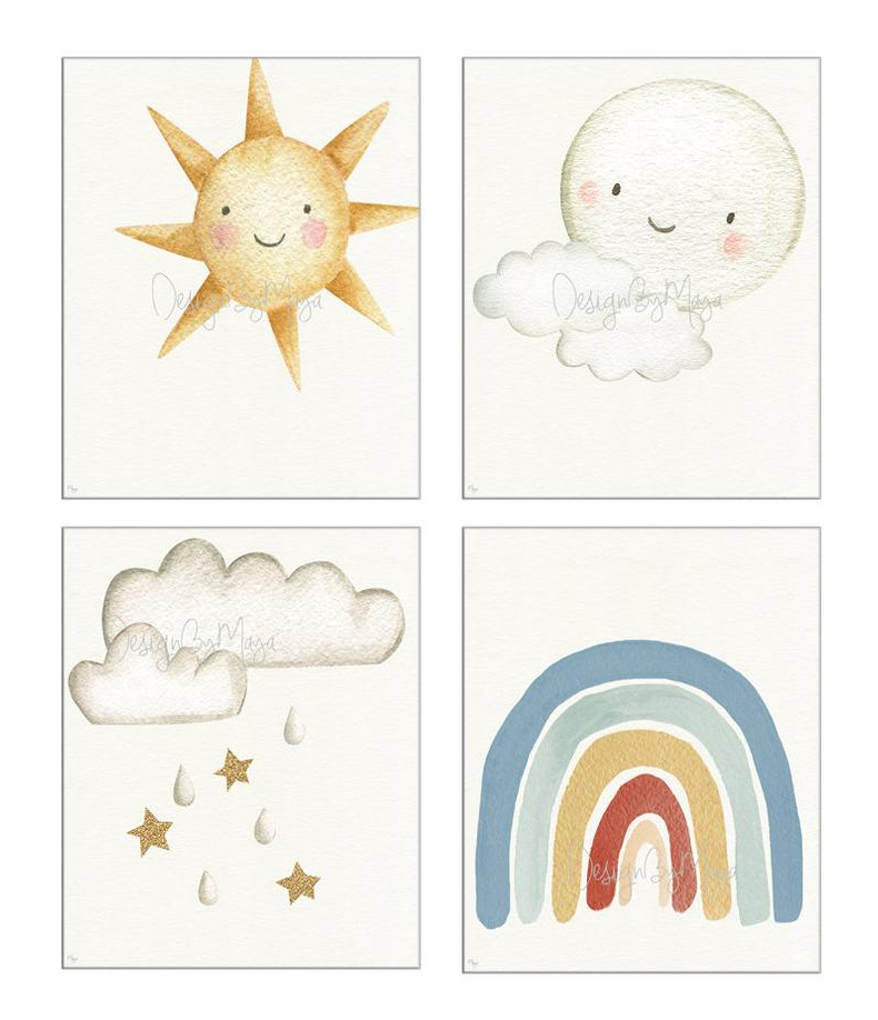 Boho Clouds, Sun, Moon, and Rainbow - Luster Paper Nursery Wall Art Prints
