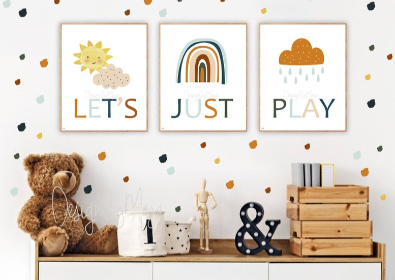 "Let's Just Play" - Sunshine, Rainbow, Clouds Playroom Set - Luster Paper Nursery Wall Art Prints