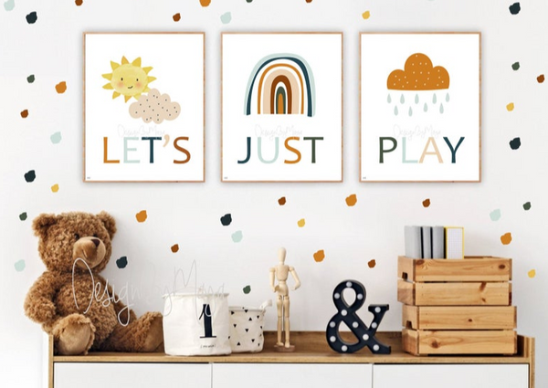 "Let's Just Play" - Sunshine, Rainbow, Clouds Playroom Set - Luster Paper Nursery Wall Art Prints
