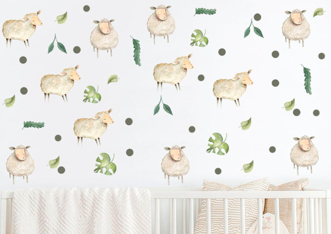 Little Baby Sheep and Polka Dots - Fabric Nursery Wall Art Decals
