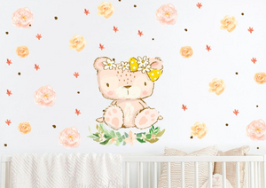 Baby Girl Teddy Bear and Flowers - Fabric Nursery Wall Art Decals