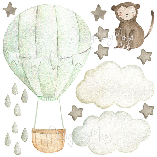 Baby animal inside Hot Air Balloon - Fabric Nursery Wall Art Decals